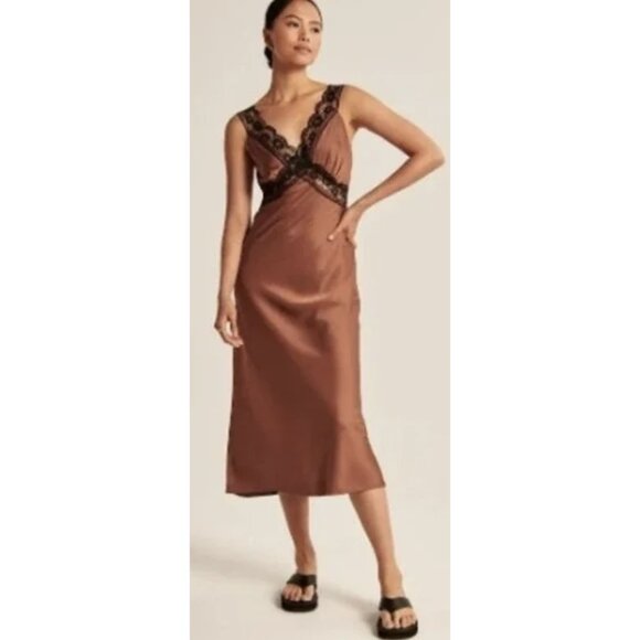 Abercrombie & Fitch Dresses & Skirts - ABERCROMBIE & FITCH Satin Lace Midi Slip Dress Terracotta Y2K Friends Holidays